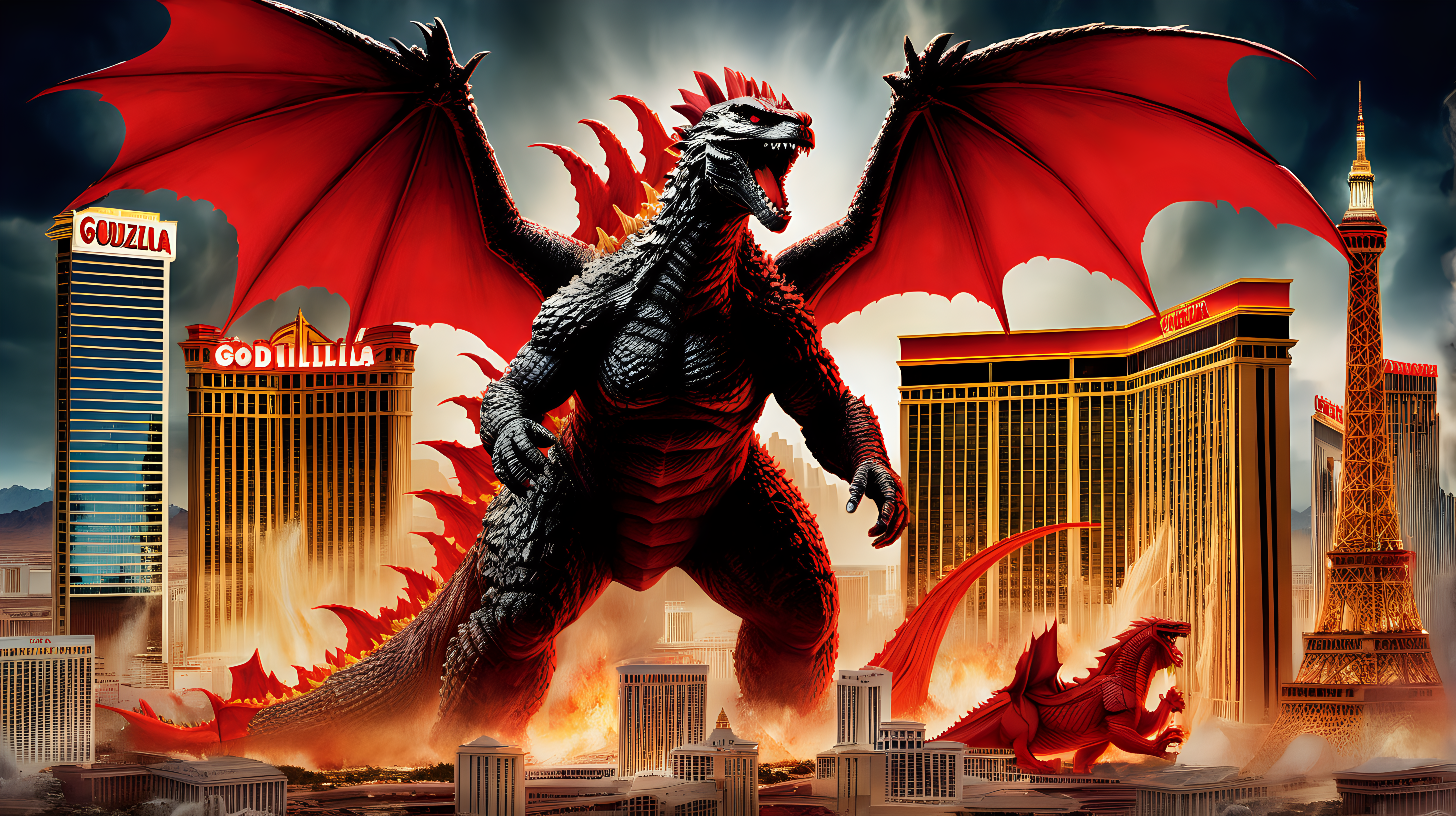 Movie poster of Godzilla & a red dragon destroying Las Vegas