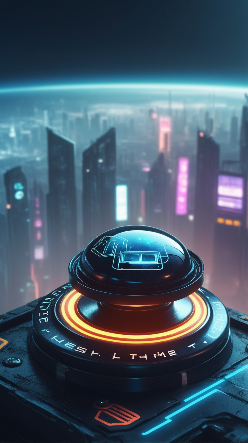 A push button. On the background a cyberpunk city with a planet on the sky
