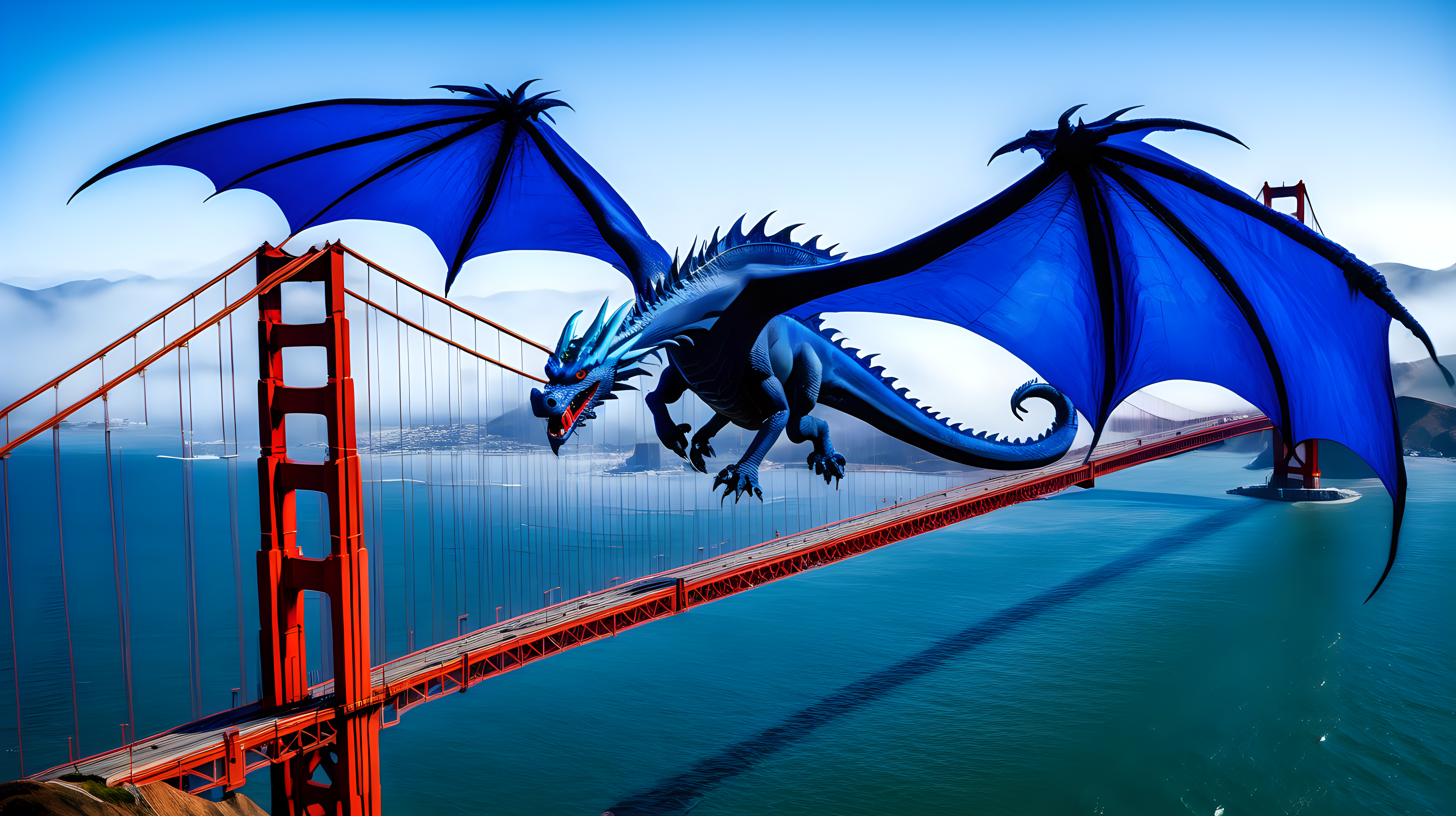  blue dragon flying over Golden Gate bridge 