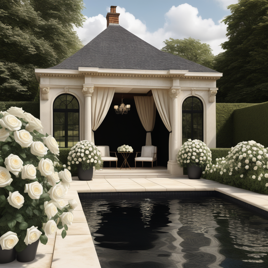 hyperrealistic image of an English country estate pool; cabana with rambling white roses; beige, ivory and black;
