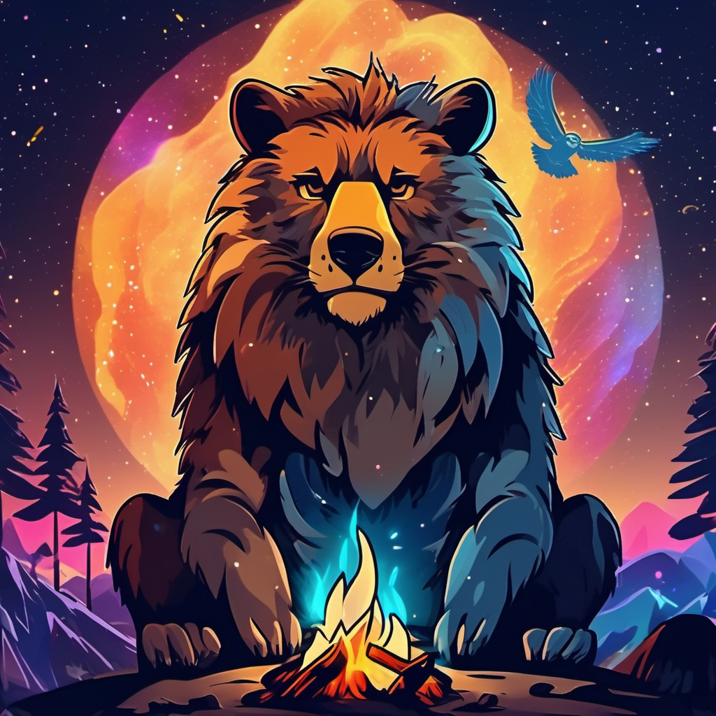 cosmic campfire music a bear a lion  a wolf an owl
 4k  good vibes