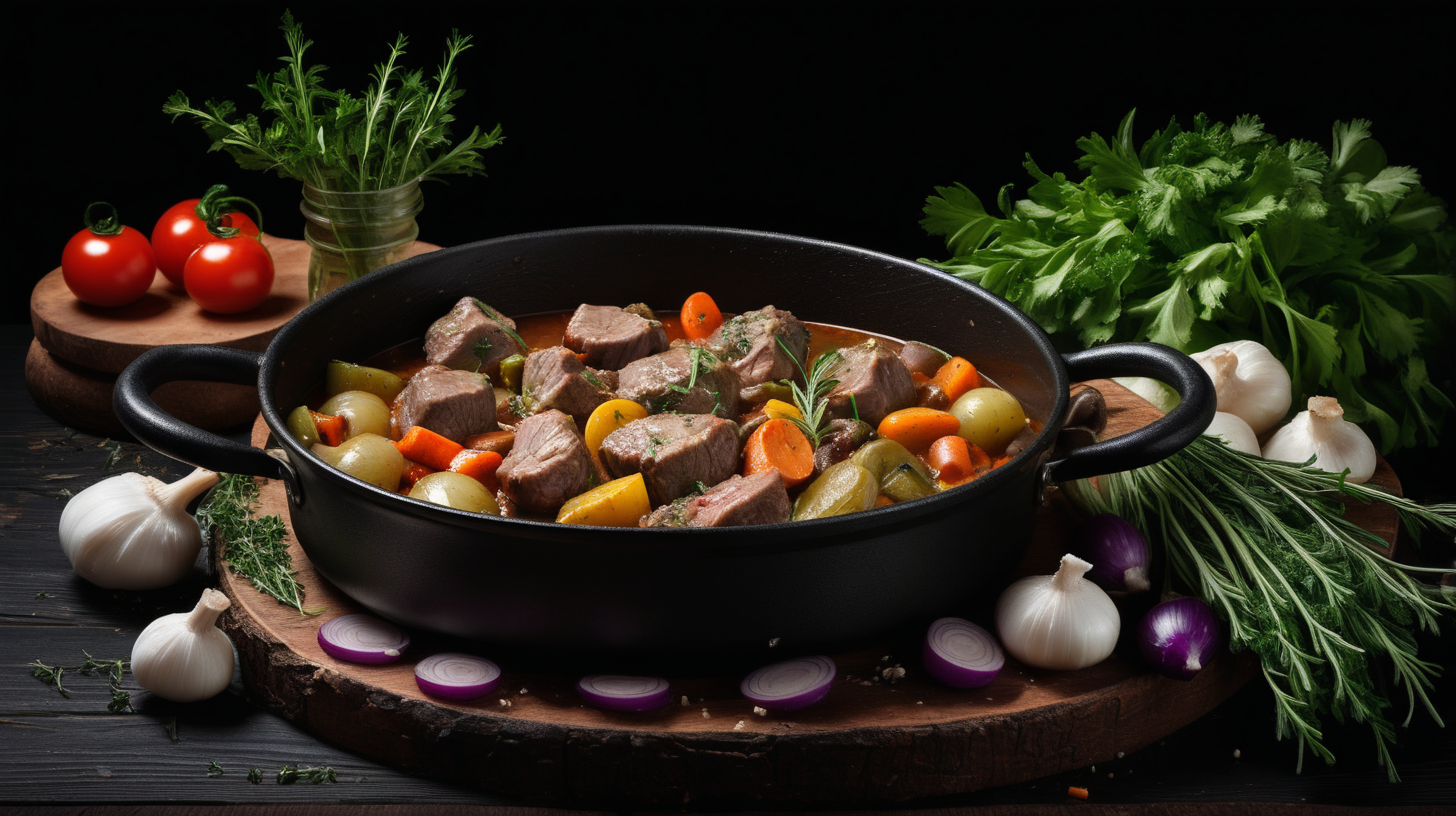 lamb stew in pan  with herbs and vegetables on wooden table, black background 