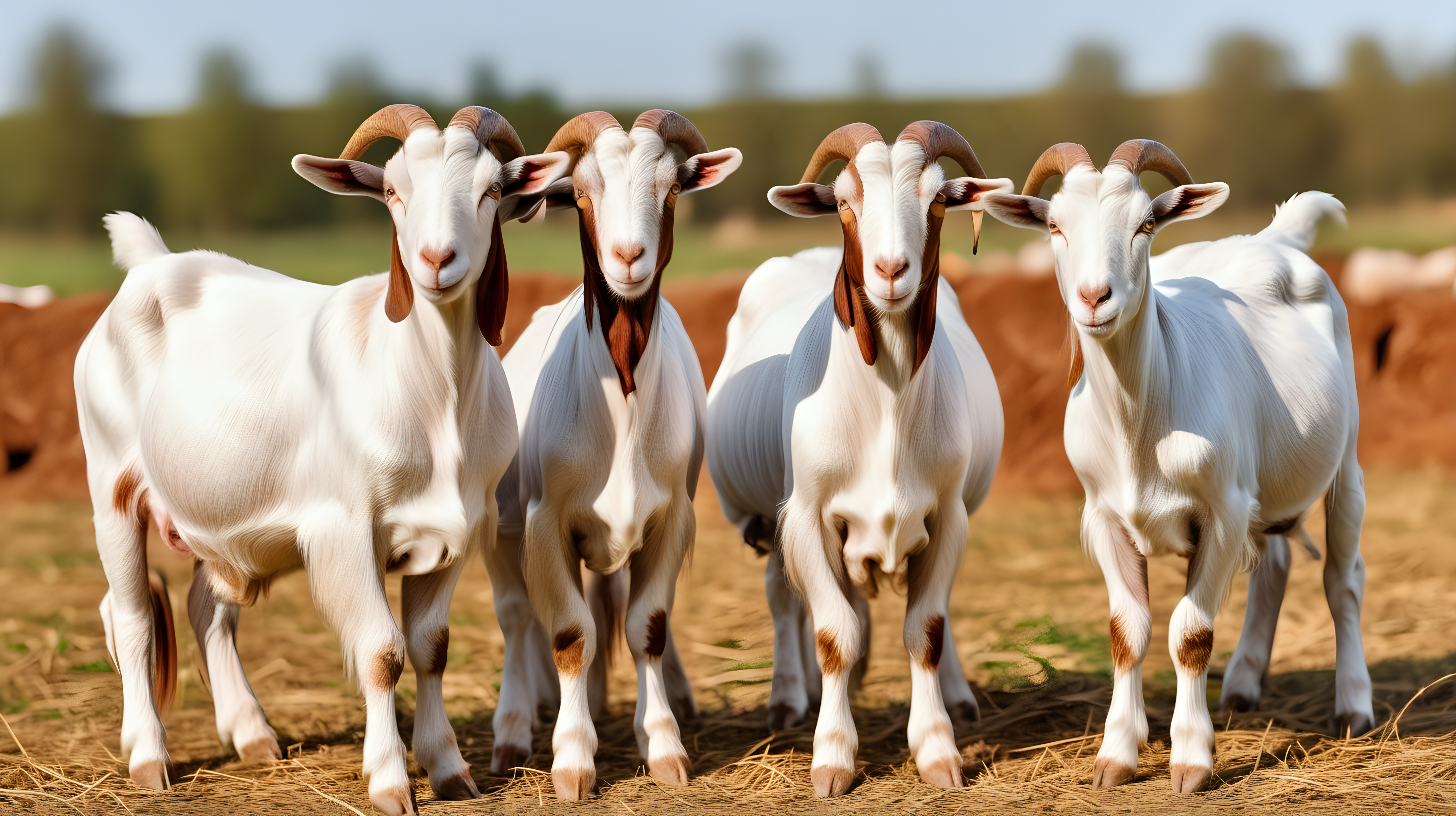 Beautiful female Boer Goats on the farm, isolated on field background, copy space, photo shoot