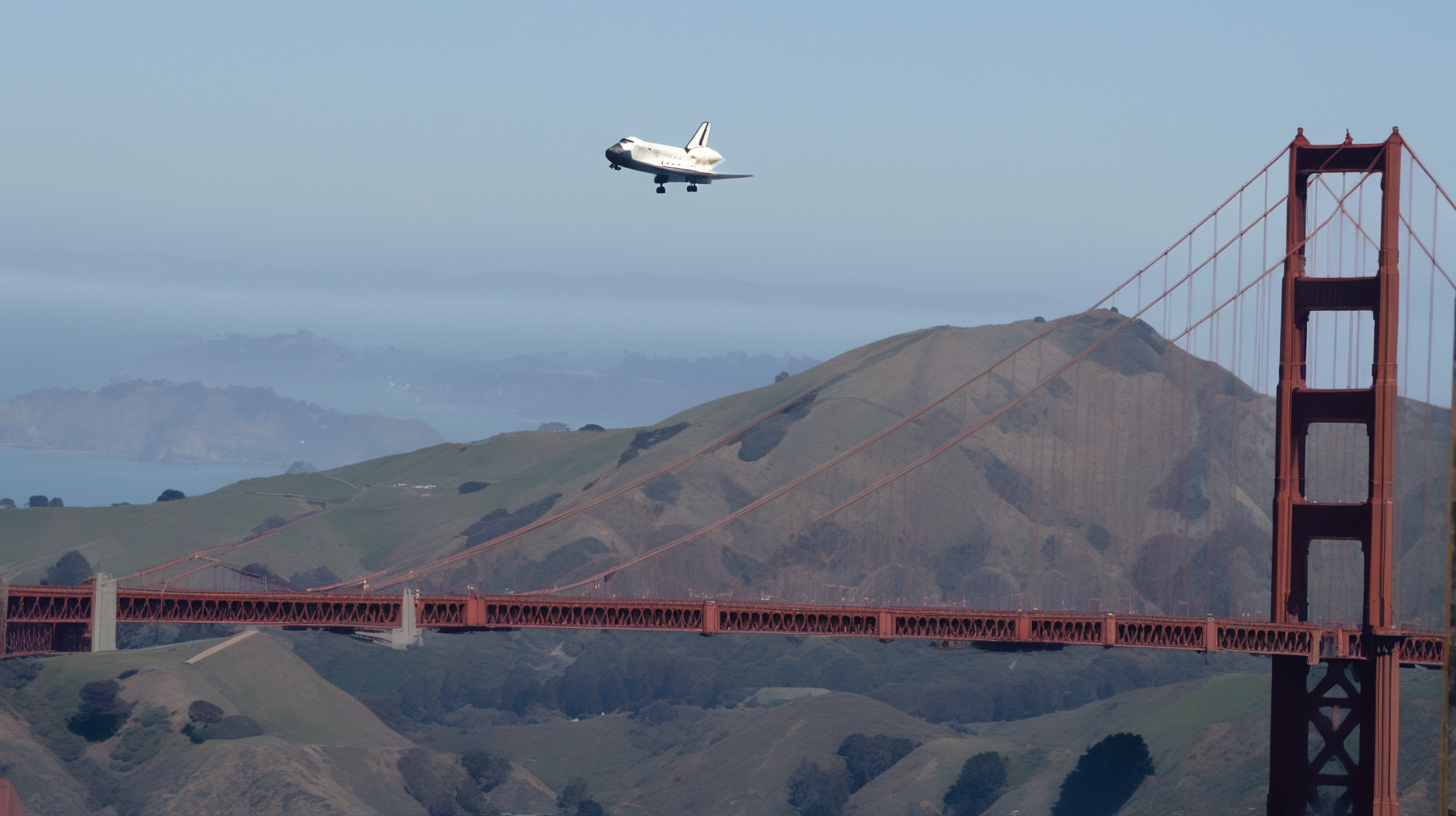 space shuttle flying over Golden Gate bridge