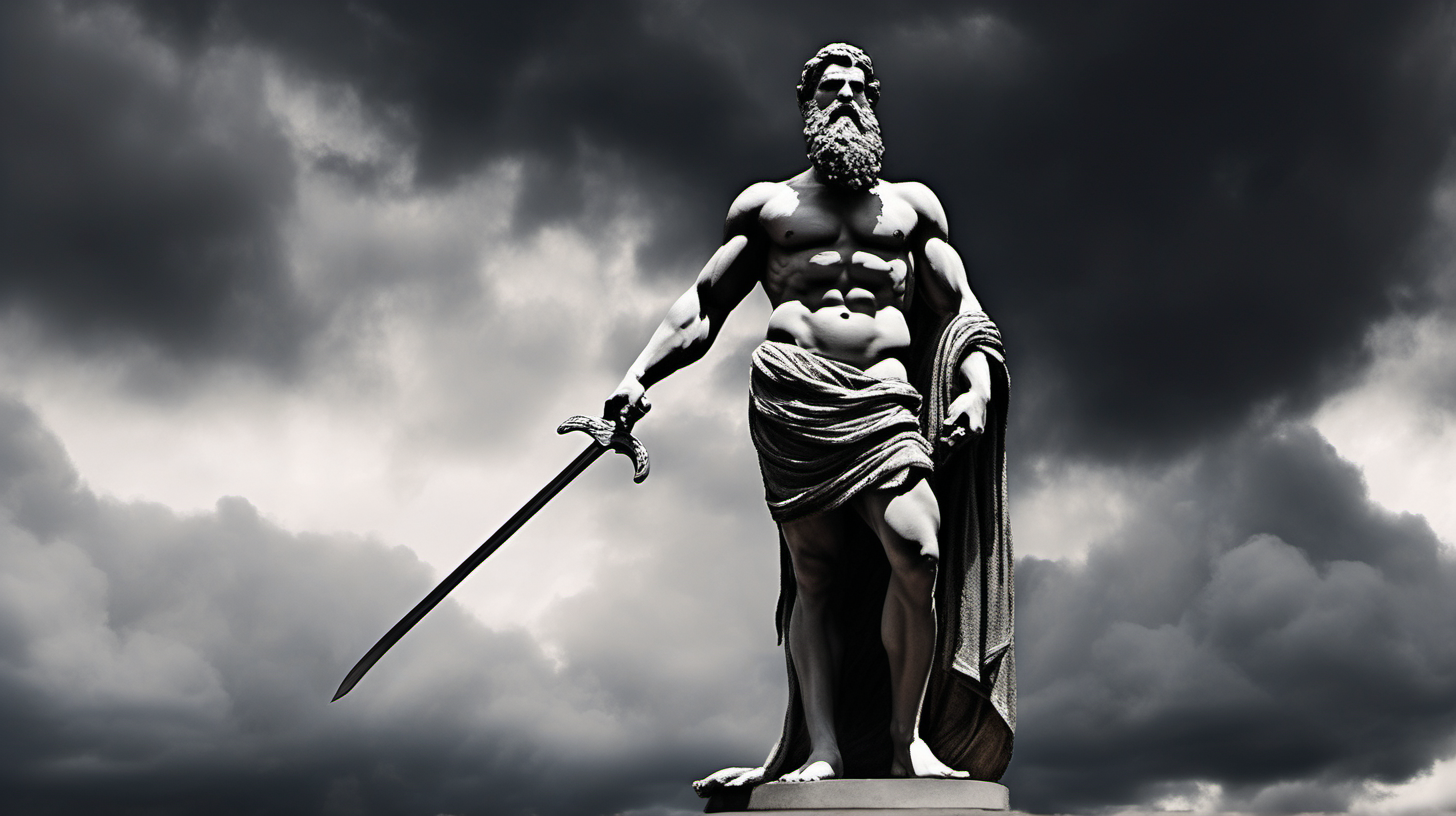 ﻿
Image of a full-body statue depicting a muscular, long bearded man with sword black cloud background. The statue should be in the style of ancient Greek art, characteristic of Stoicism. It should feature clothing elegantly draped over one shoulder. The background should be dark, highlighting the statue as the central element. The statue must demonstrate exceptional
craftsmanship, with intricate details visible in the facial features and attire. The image should have a dramatic feel, achieved through the interplay of light and shadow. The perspective should be a wide shot.