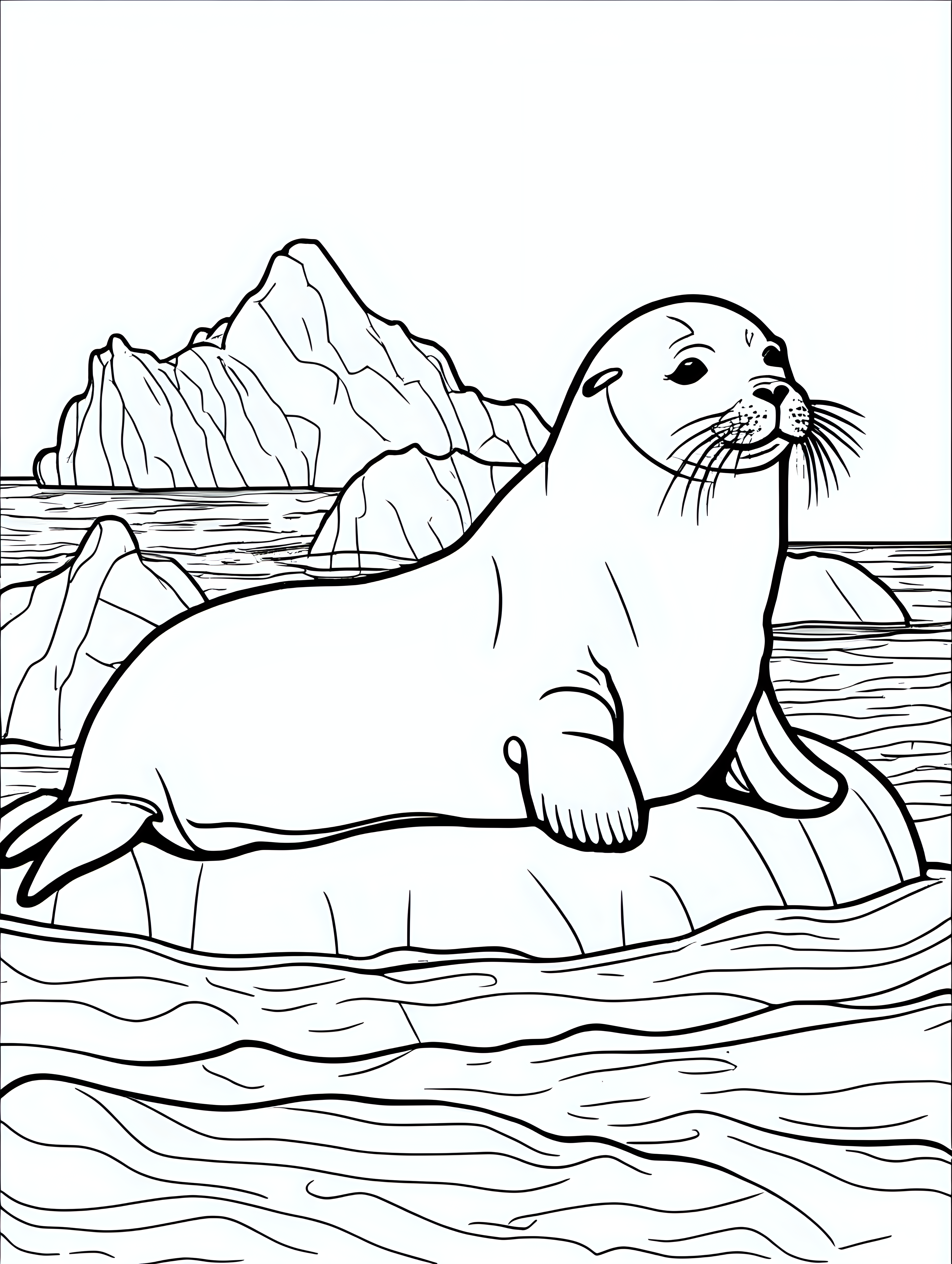 seal on a afloating iceberg, coloring page, low details, no colors, no shadows