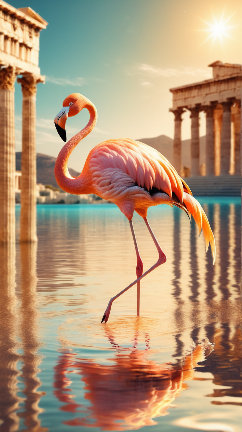 Magical gold flamingo in the water. Fantasy beach. Greek temples on the background. 

