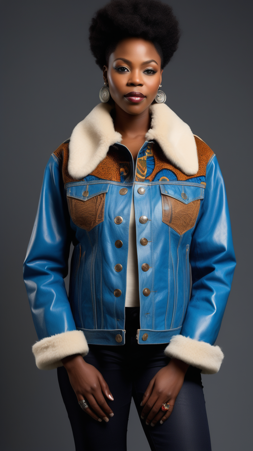 A beautiful black woman wearing a Levi denim jacket, restyled into a three quarter length jacket, made of Cerulean Blue, lambskin leather, with african printed fabrick inserted in various places, show Front, Back, and Side views with stainless buttons, with a cream Mink collar