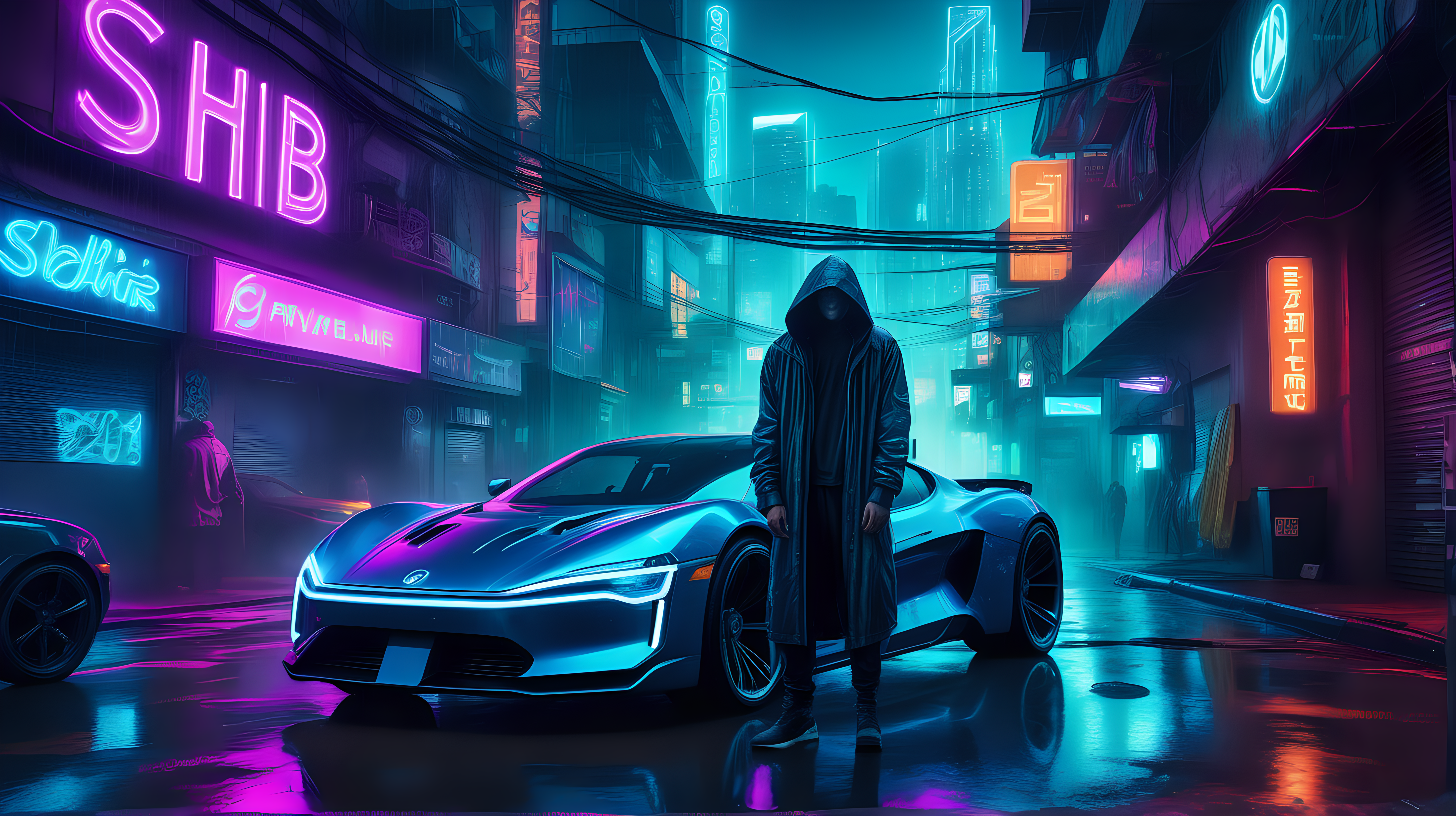 "A hyper-realistic photograph depicts a cyberpunk rendition of a future metropolis at night. The scene centers on a hooded figure, exuding an aura of mystery, standing by a futuristic sports car that gleams with metallic hues under the ambient neon lights. Above in the dense urban jungle, neon signs cut through the misty air, with the word 'SHIB' prominently displayed, signifying the cryptocurrency's integration into the fabric of society. The rain-slicked streets reflect the myriad of neon, including the bright 'SHIB' logos that illuminate the surroundings with a cool electric blue, adding depth and brilliance to this nocturnal urban landscape."
