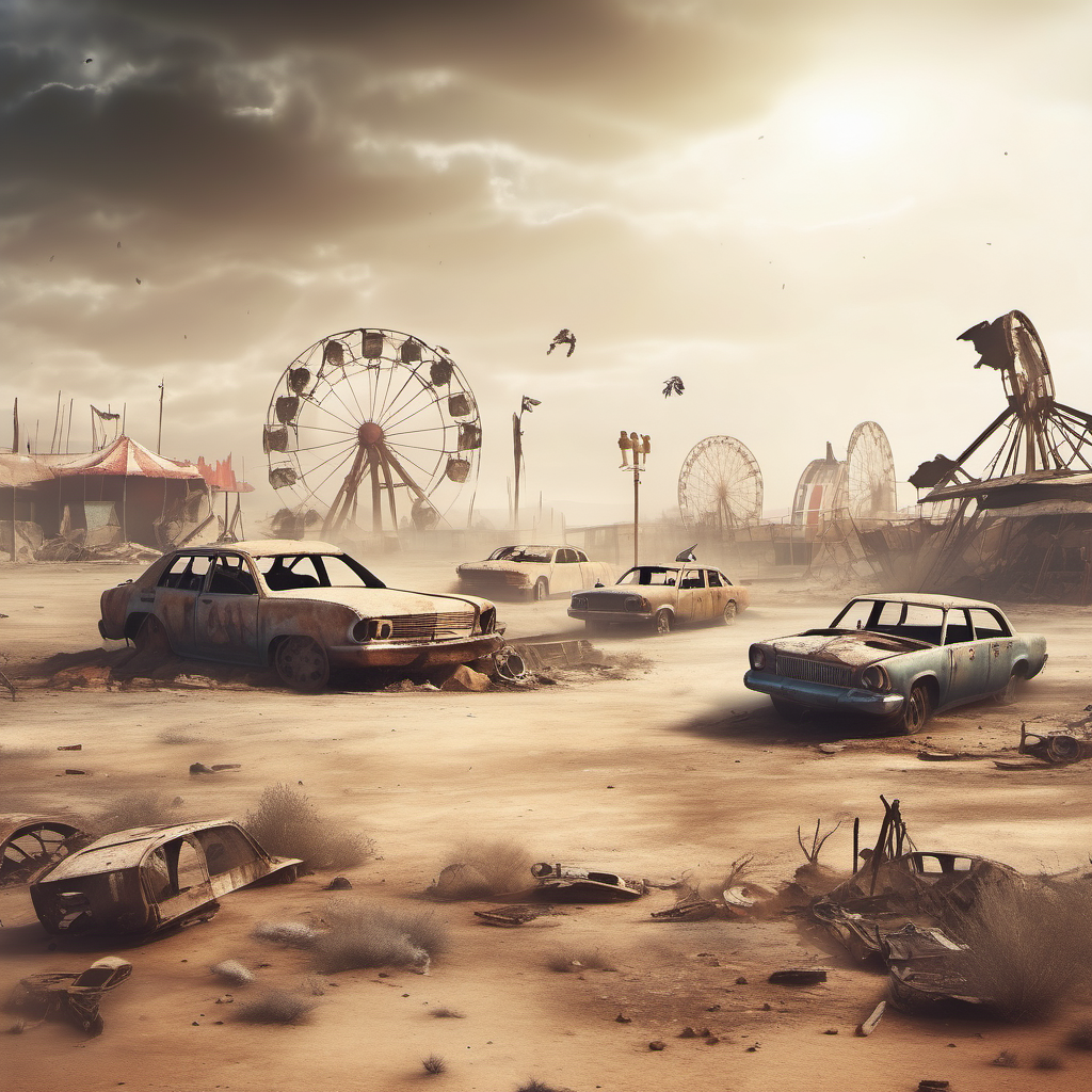 post apocalyptic desert background with destroyed fairground and destroyed cars, dust in air
