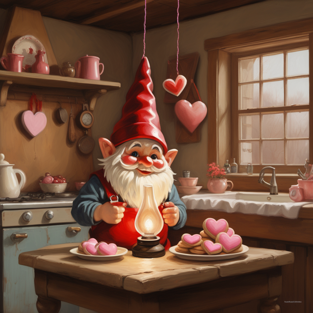 /envision prompt: In this oil painting, a valentine-themed gnome, inspired by the timeless works of Norman Rockwell, takes center stage. Placed in a cozy kitchen, the gnome lovingly bakes heart-shaped cookies, surrounded by vintage decor. The color temperature leans towards warm earth tones, creating a nostalgic ambiance. The gnome's expression reflects concentration and affection, bathed in the soft glow of a rustic hanging lamp. The overall atmosphere exudes a heartwarming charm, capturing the essence of love in simple domestic moments. --v 5 --stylize 1000