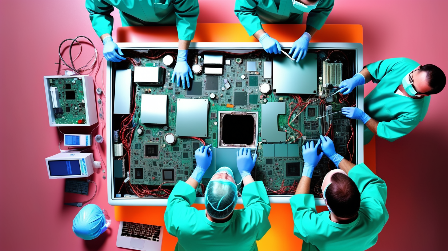 two surgeons operating on a broken computer with