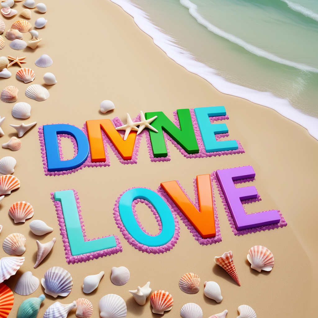 the exact spelling of {Divine love } in colorful letters with a star floating around on a beach with seashells and dolphins swimming in the water 