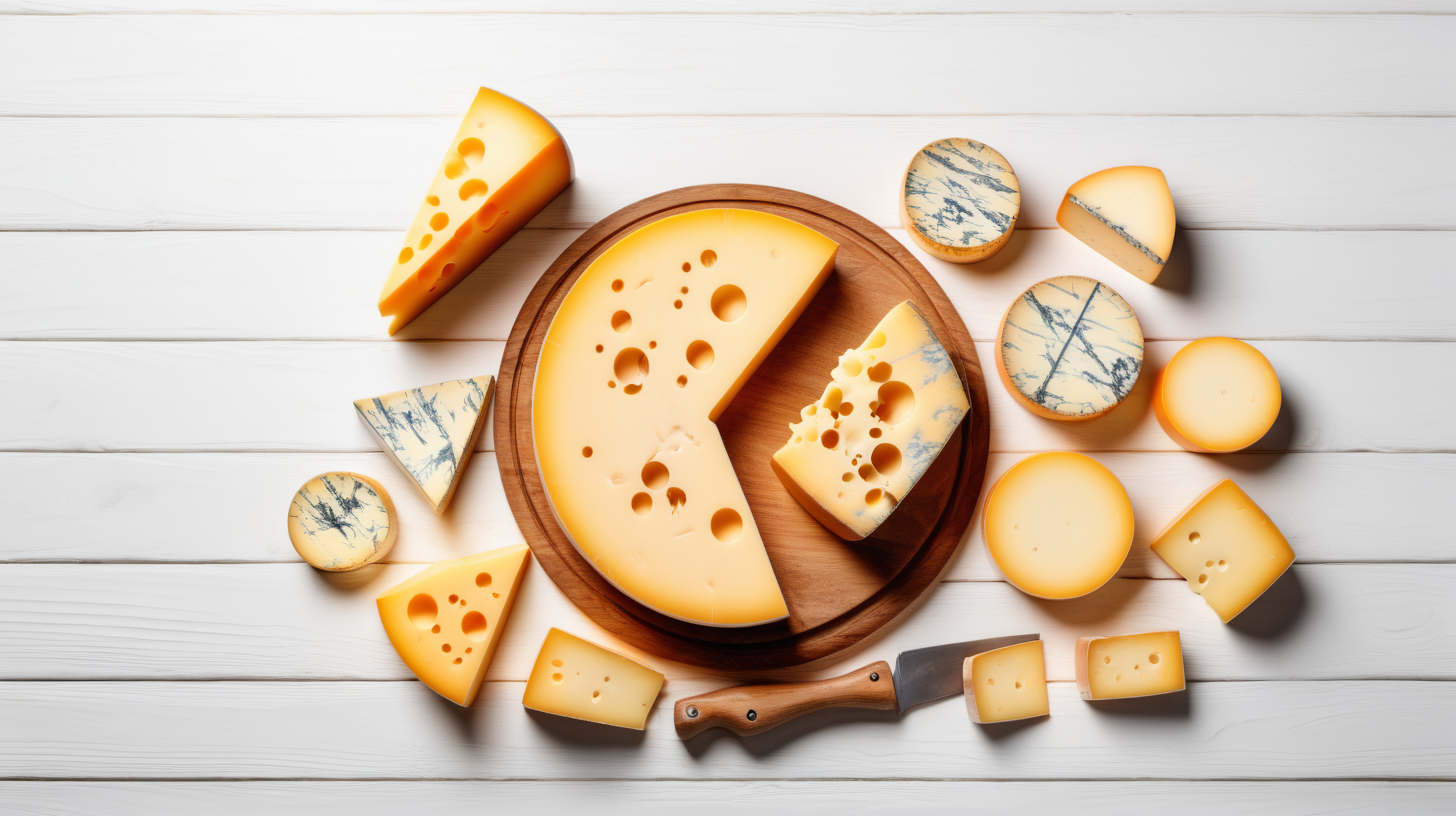 cheese shop, type of cheese, circles, halves, quaters of cheese on wooden table, isolated on white background, copy space