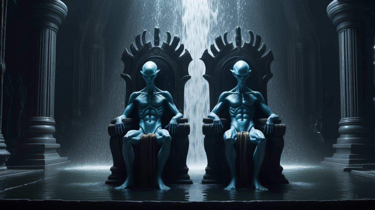 8k image of 2 humanoid aliens sitting on a throne, sitting across from each other, inside of a dark temple, water pouring from the top