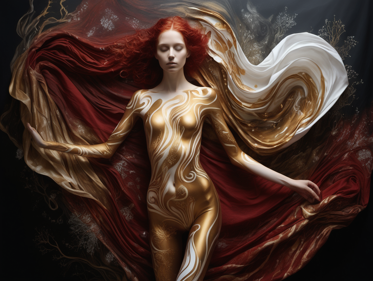 human by juliane schreiner, in the style of intricate underwater worlds, flowing fabrics, dark golden red and light white, intricate body-painting, ultrafine detail, nature-inspired motifs --ar 3:4 --s 750 --v 5. 2 --style raw