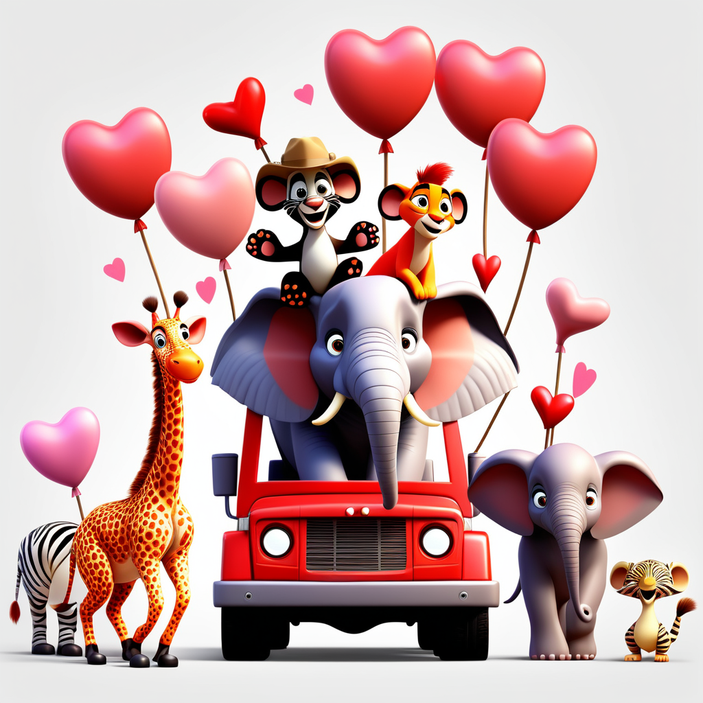 /envision prompt: "Playful Pixar 3D Safari Friends in Valentine Parade" clipart showcasing a variety of safari animals, adorned with Valentine accessories, marching joyfully against a pristine white background. The scene exudes a festive Valentine's spirit. --v 5 --stylize 1000