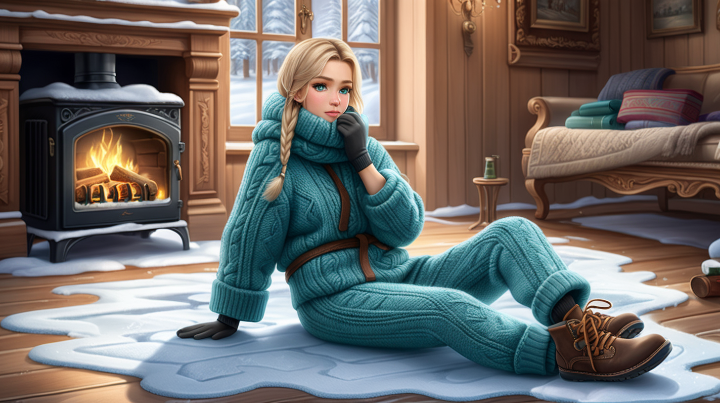 Hand knitted woolen rugs on the floor. Hot 30 years blonde girl with green eyes wearing sweatshirts, hoodies, warm long trousers or extra thick tights, and thermal underwear. A long, warm coat is highly recommended. She is sitting on the floor in old Russian wooden country house with big fire place inside. Not only will keep it insulated from the cold, but if you slip on the ice it will cushion you and protect your clothes. And of course, it goes without saying that you must bring a hat, scarf and gloves. Ideally, very warm gloves, a fur or wool hat which covers her ears, and a scarf which can be wrapped around her face as well.
Wearing warm pair of waterproof shoes, as Russia’s sidewalks and streets transform into a quagmire of slush and snow during winter. Shoes should have grippy treads as ice is often more problematic than snow, and the pavement can turn into an uneven mountain of black ice. Make sure to bring warm hand knitted socks, preferably those sold in hiking/outdoor shops.

