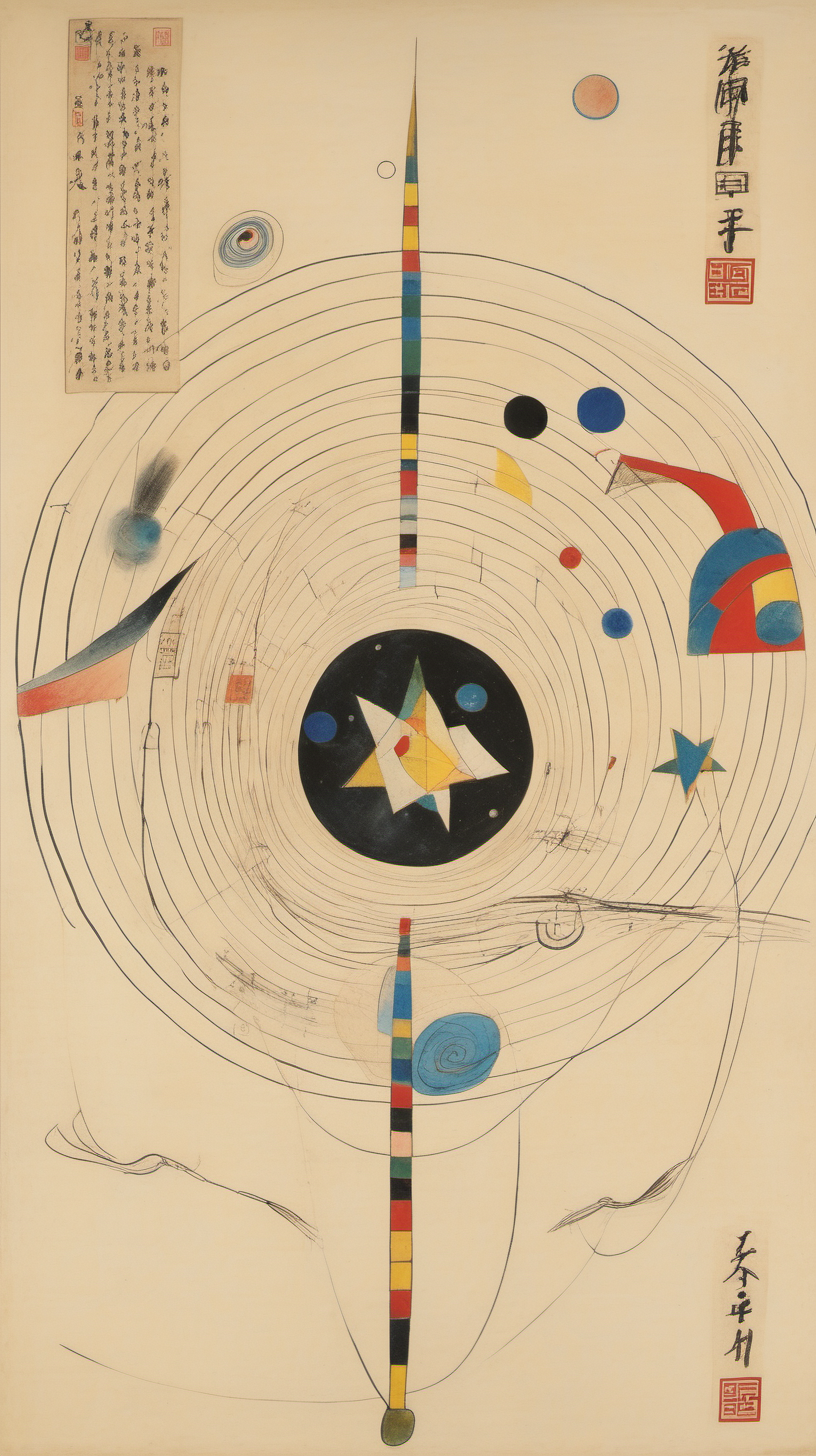chinese gongbi drawing, with traversable wormhole, other worldly scenery, Wassily Kandinsky, sublime, stars, a horse