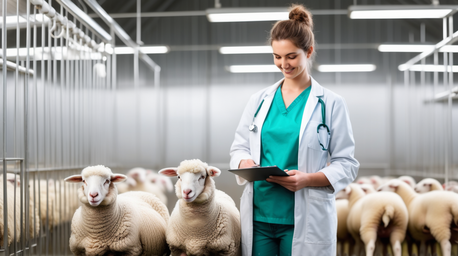 young sheep with veterinarian in indoor modern farm, isolated on background, copy space, photo shoot