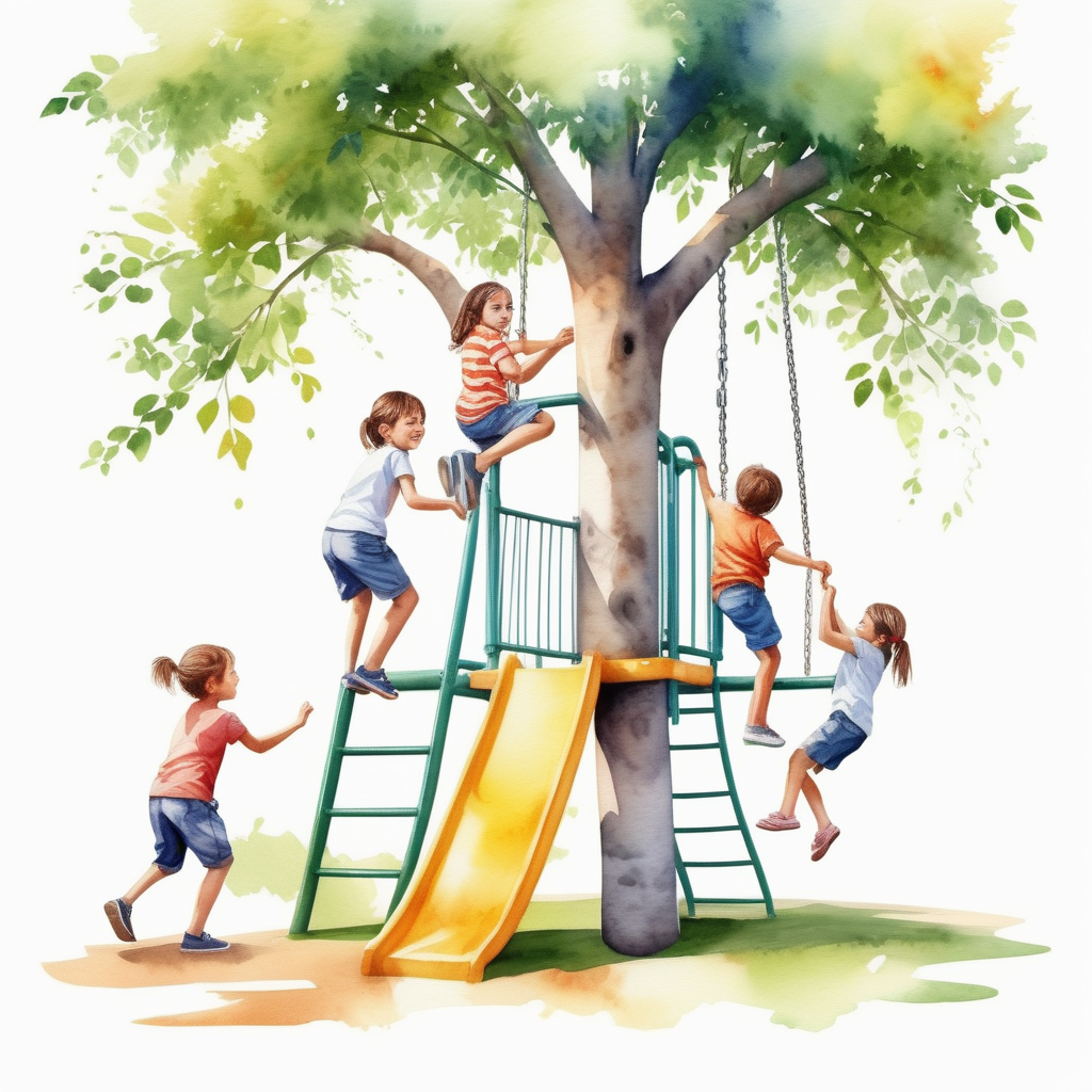 bílé pozadí_vytvoř realistickou ilustraci_realnější tváře_která je určena pro děti _  Téma Letní prázdniny: děti si hrají na hřišti_šplhají po stromech_akvarelové barvy

