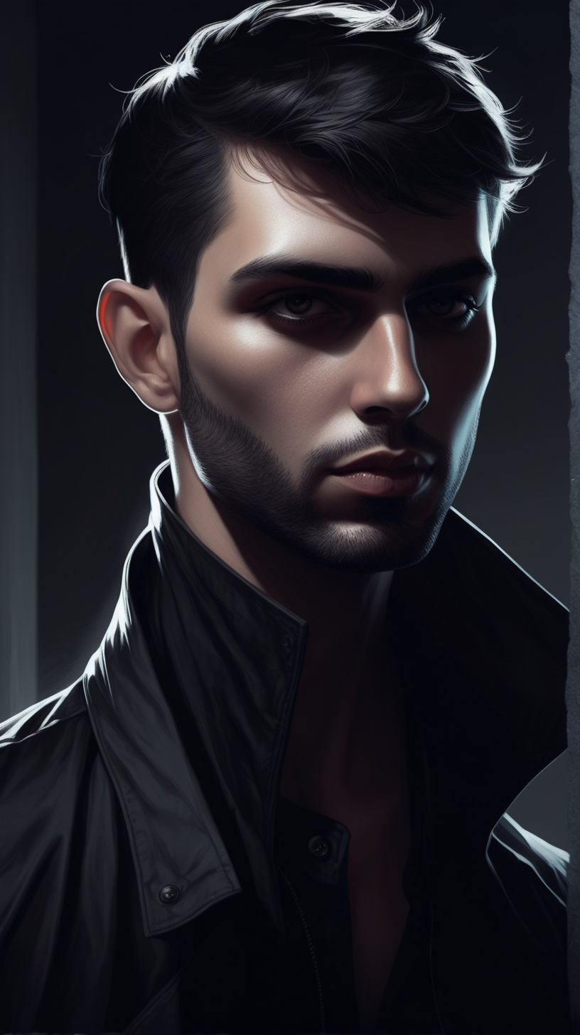 Create a dark fantasy art illustration,  of Nicolas Simoes, with short hair, modern clothes, in shadows. Close up.