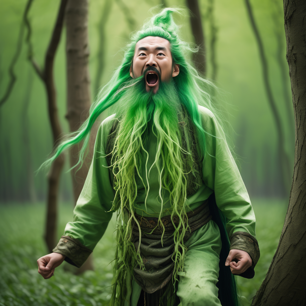 Chinese man tree bark skin, full body, long green beard, long green moustache, long green hair, screaming, forest, sprouts
