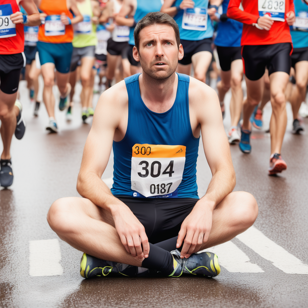 30 years old male sitting down in the middle of a marathon race