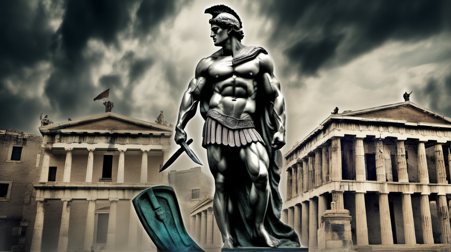 "Generate an evocative image depicting an ancient Greek-inspired colored statue of a powerful and muscular man surrounded by historic buildings in full war dress. Convey a sense of strength, valor, and historical grandeur in this representation, capturing the essence of a timeless warrior from a rich cultural heritage." Also black cloudy historic background.