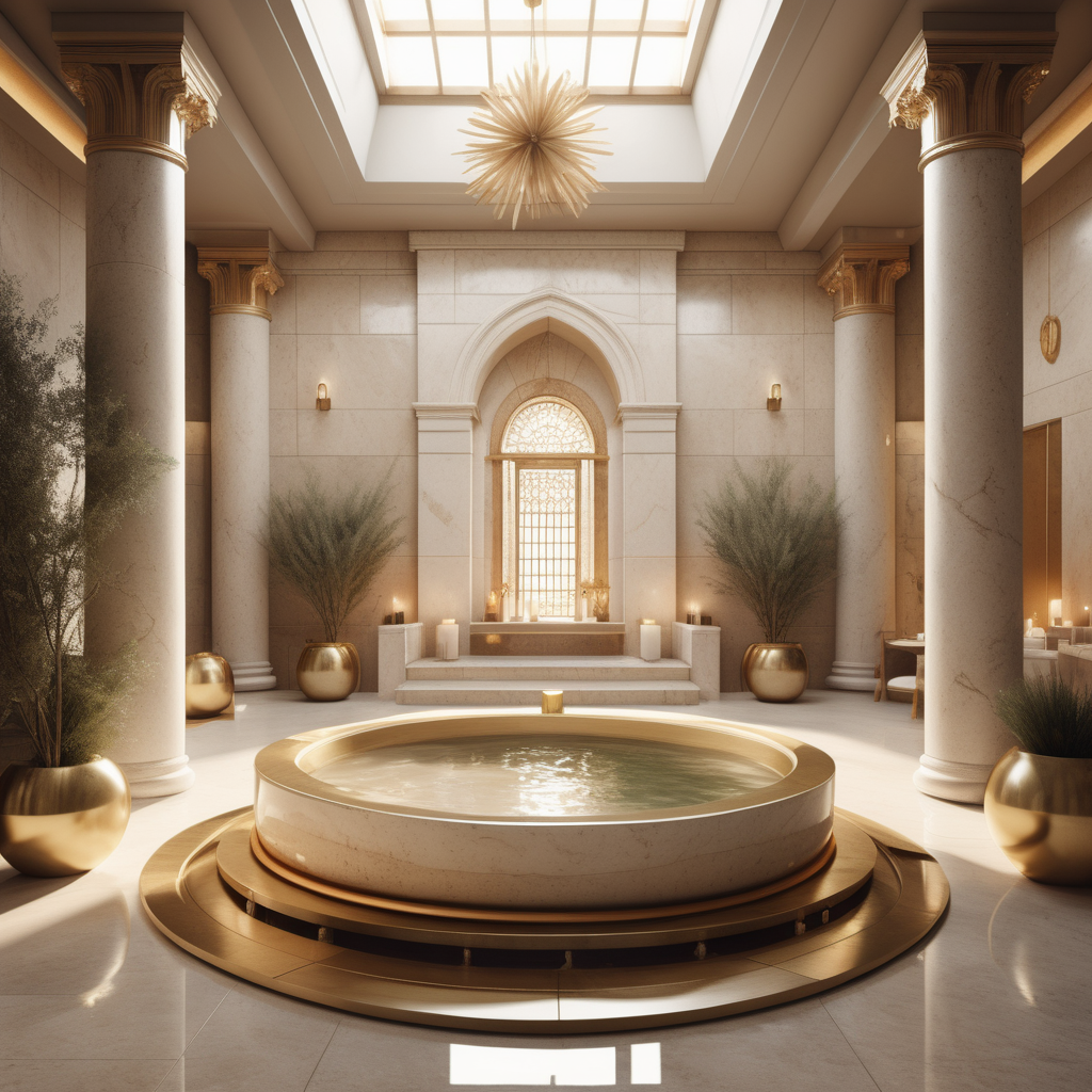 a hyperrealistic image of a grand modern estate hot springs spa, inspired by Jerusalem; Beige, oak, brass colour palette; 
