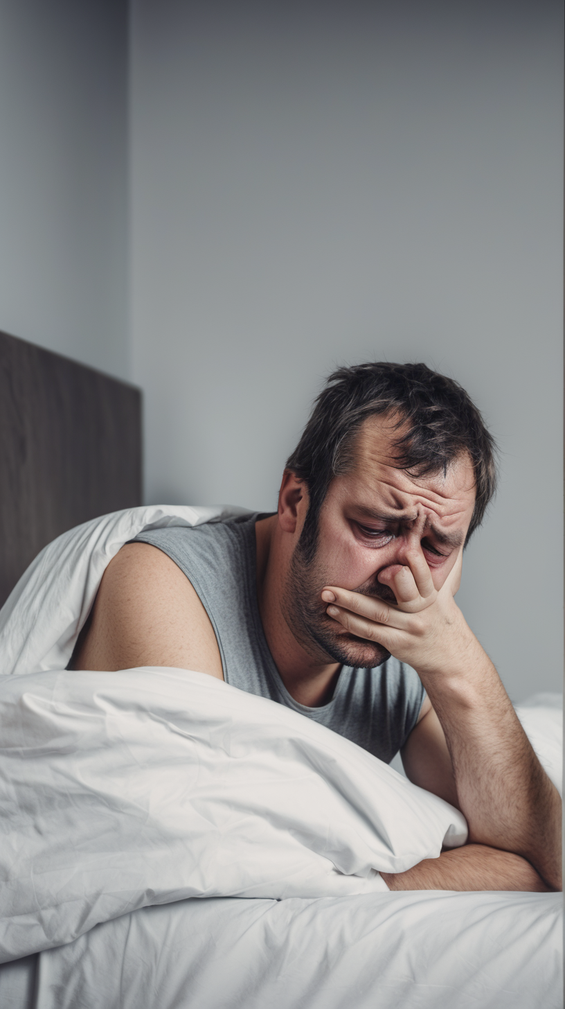 Man getting out of bed looking groggy and tired