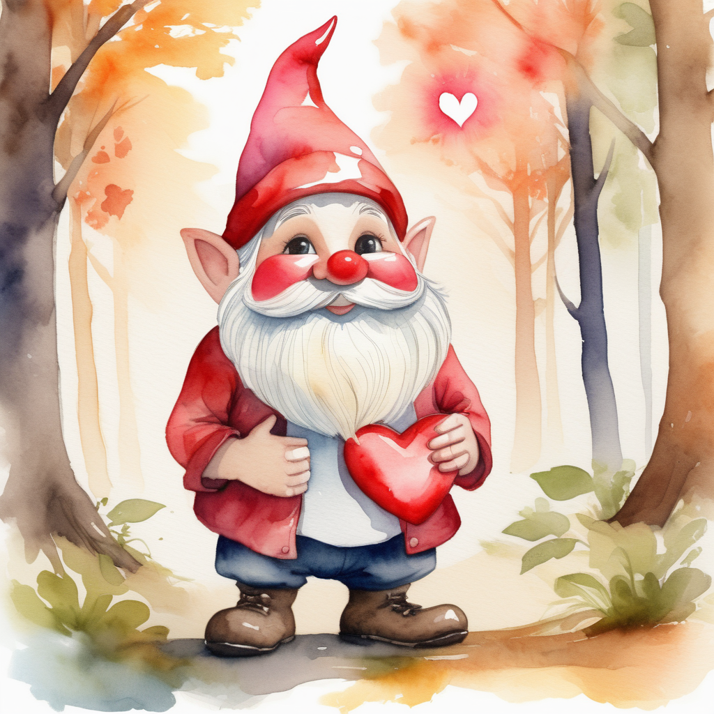 /envision prompt: A watercolor image of, a valentine-themed gnome  in a candid moment. Set against a natural backdrop, the gnome interacts with heart-shaped elements, creating a genuine and spontaneous atmosphere. The color temperature is warm, enhancing the earthy tones of the surroundings. The gnome's expressions vary, capturing authentic emotions of love and playfulness. The lighting is natural, with sunlight streaming through the trees, creating a warm and inviting scene. --v 5 --stylize 1000
