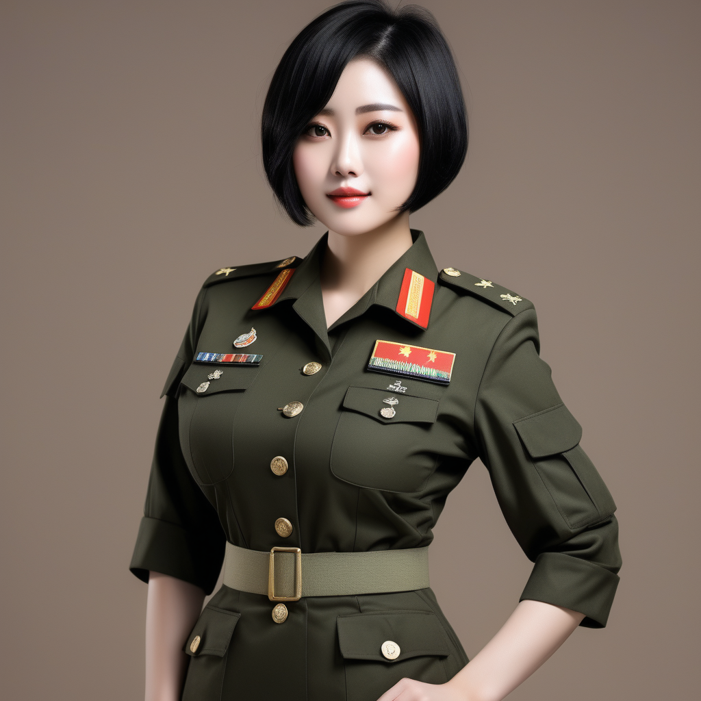 A Chinese armyYoung womanShort hairBlack hairLarge breastsCamouflage uniform