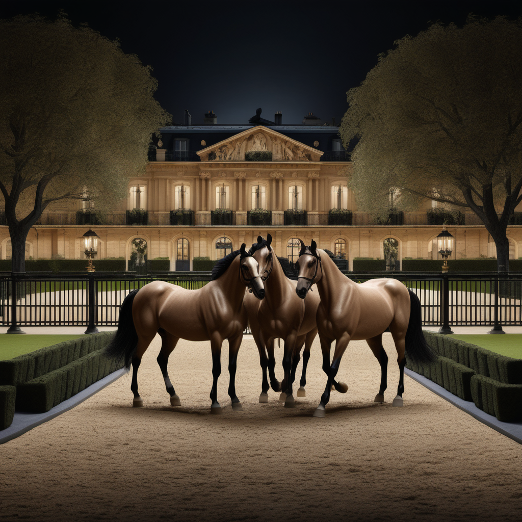 a hyperrealistic of a Modern Parisian  horse trotting arena with 3 horses at night with mood lighting, fully fenced with black wrought iron, manicured gardens , in a beige oak brass and black colour palette 
