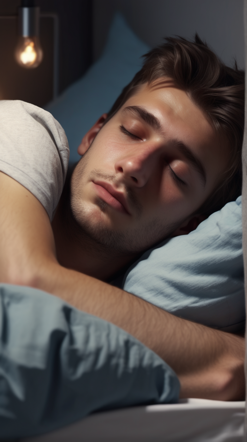 young man in his bed sleeping and looking cosy realistic 4k