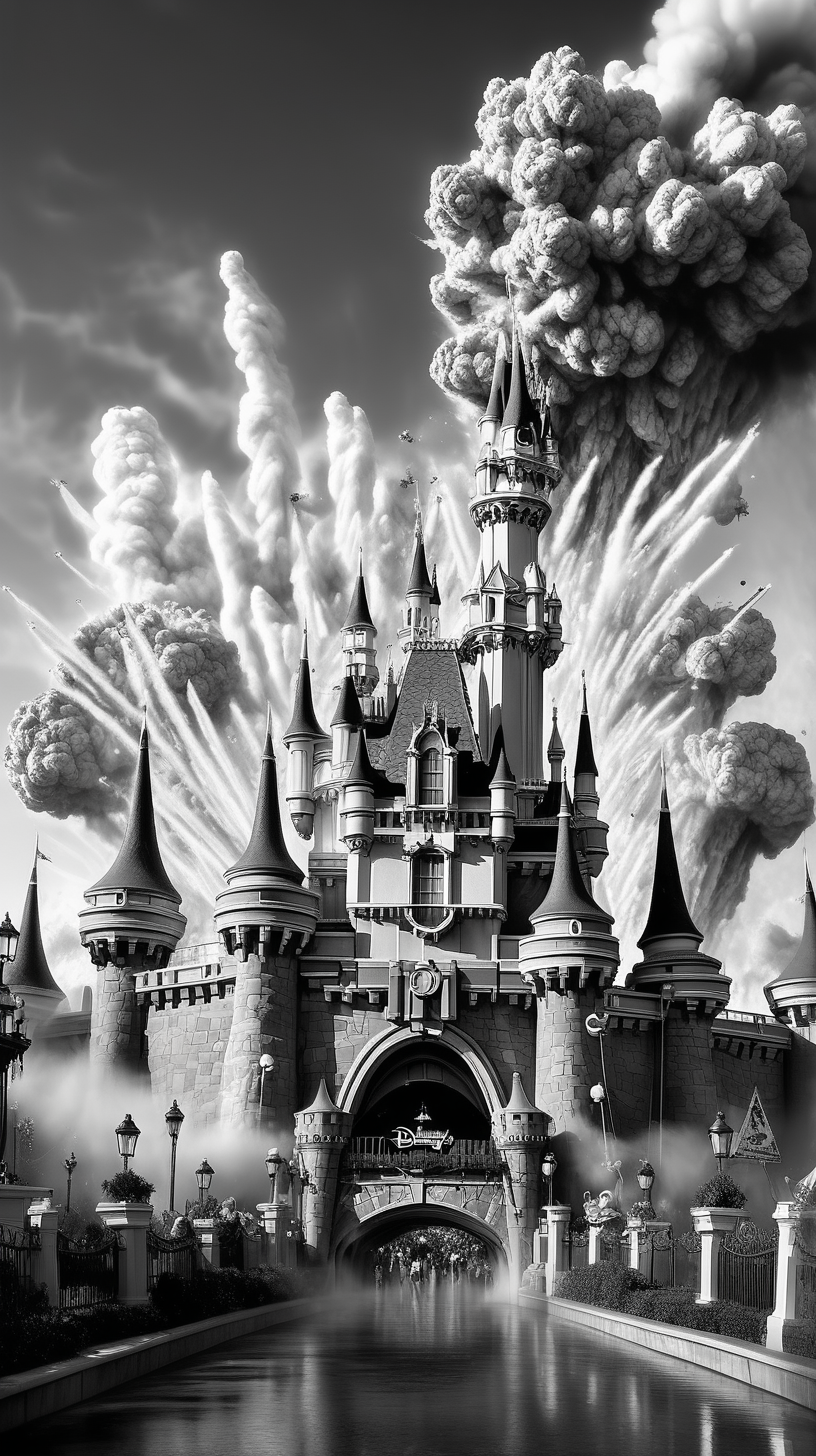 /imagine prompt : An ultra-realistic black and white
 drawing ,landscape, armageddon day, Disneyland exploding and destroying
sureal hyper realistic
towers of Disneyland are blurred and flow create mysterious atmosphere 
white sky background 
 The image, shot in high resolution and a 16:9 aspect ratio, –ar 9:16 –v 5.2 –style raw