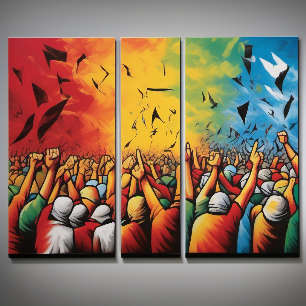 Decisive Victories and Defeats: A split canvas portraying contrasting scenes of victory and defeat in Gaza, with vivid colors representing the energy of victory and muted tones for the despair of defeat.
