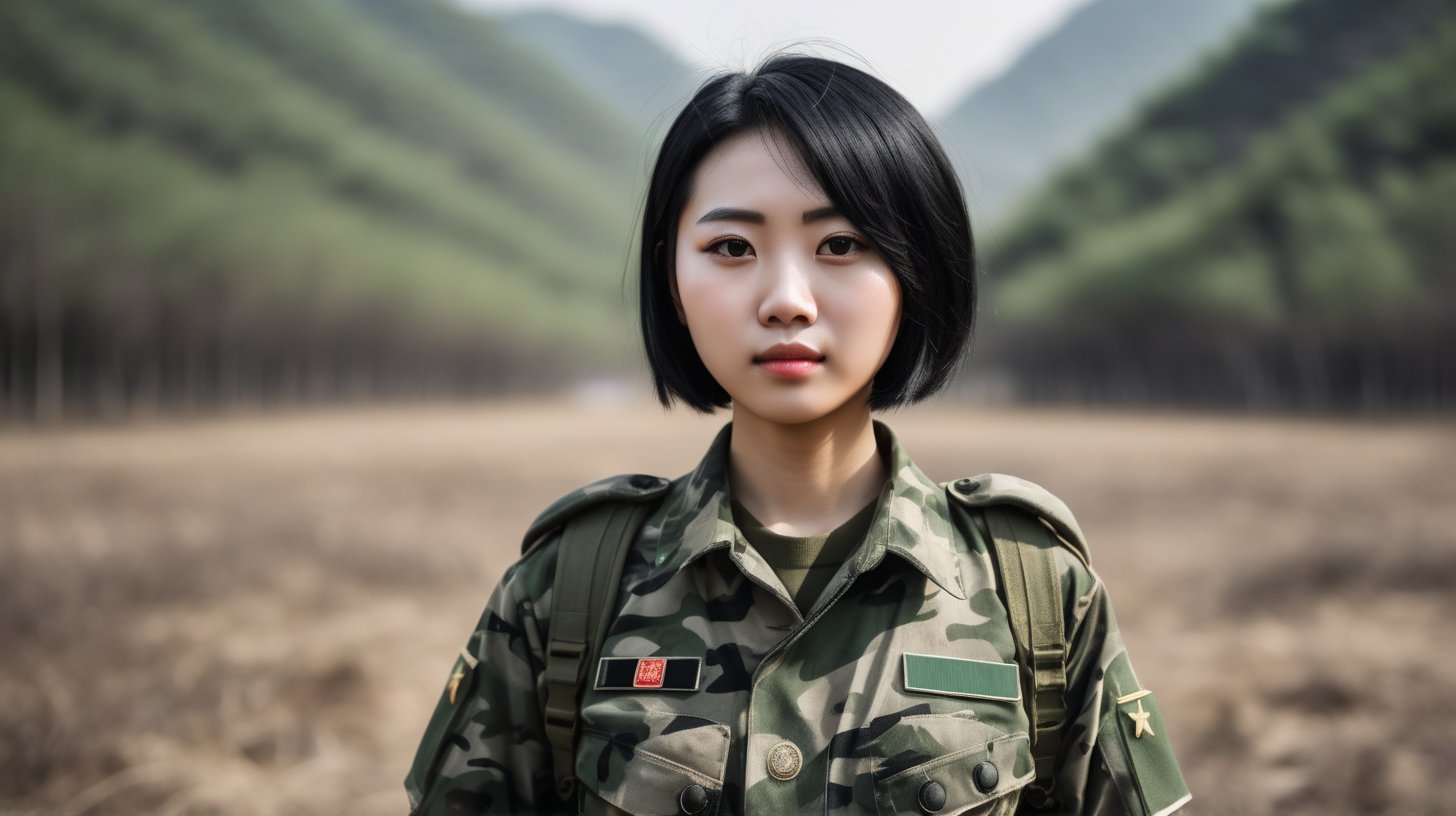 A Chinese female soldierYoung personBlack hairShort hairCamouflage uniformStanding