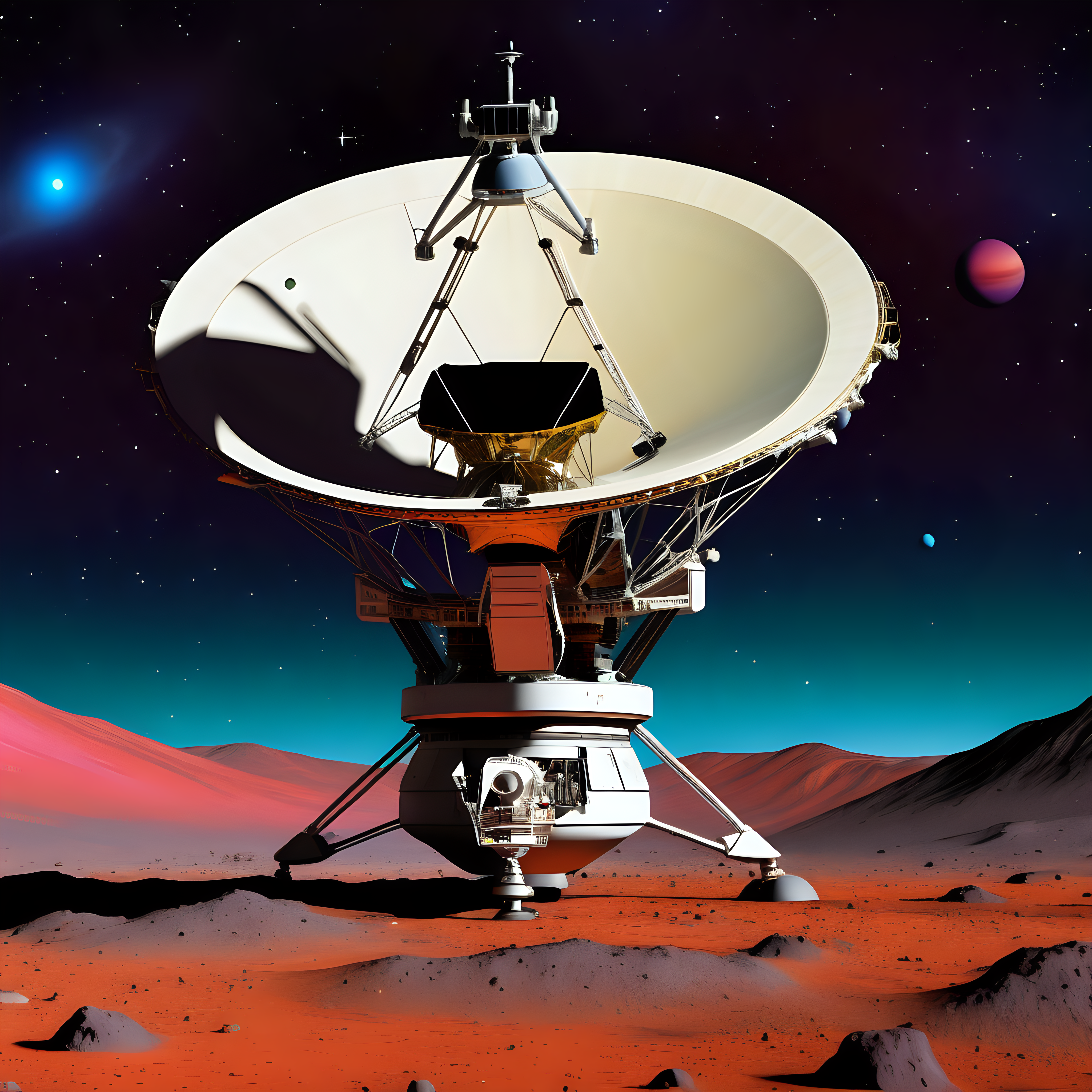 voyager 1 spacecraft in front of a vibrantly colored alien planet with s lot of stars in the background