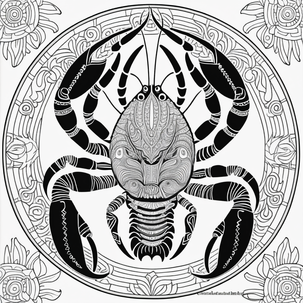 adult coloring book, black & white, clear lines, detailed, symmetrical mandala, giant lobster monster