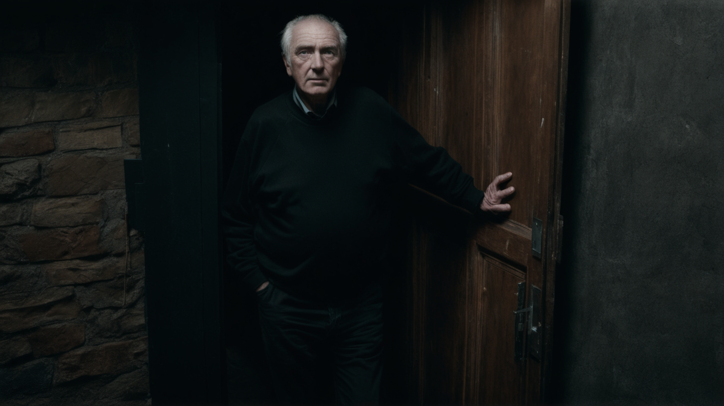  older man standing, black clothes leaning against a basement brown wooden door. darker image