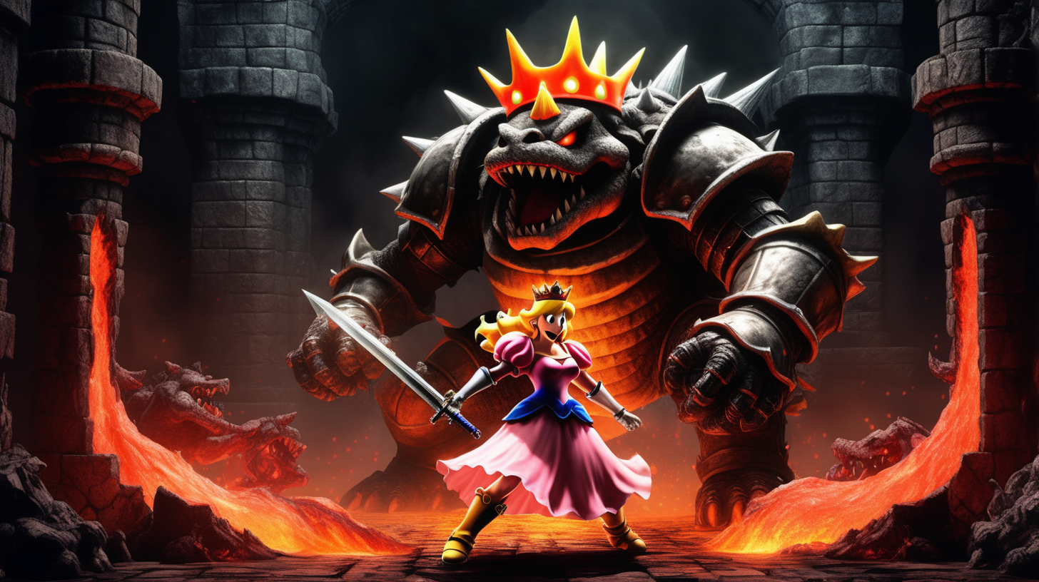 dark fantasy style Princess Peach as a dark souls character fighting dry bowser as a dark souls boss in a lava castle arena