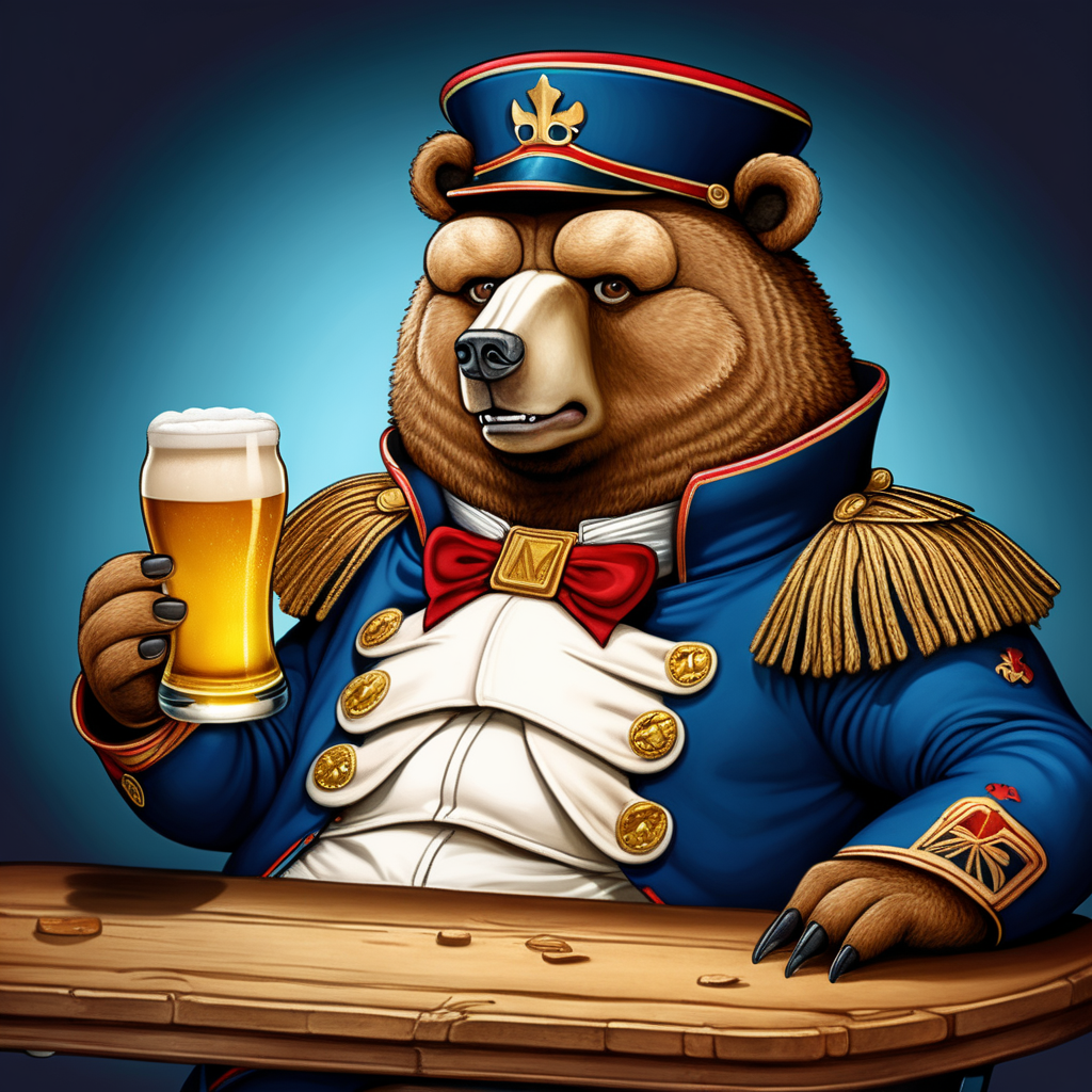 A bear dressed as Napoleon having a beer in a dark mood (cartoon style)