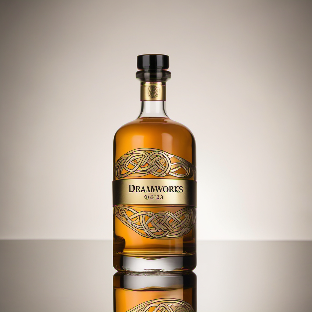 a minimalist modern whisky brand bottle with gold foil celtic detailing with the words "Dramworks"
