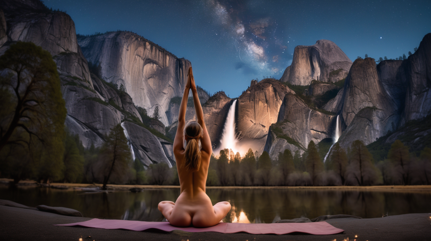 nude woman practicing yoga at night in front