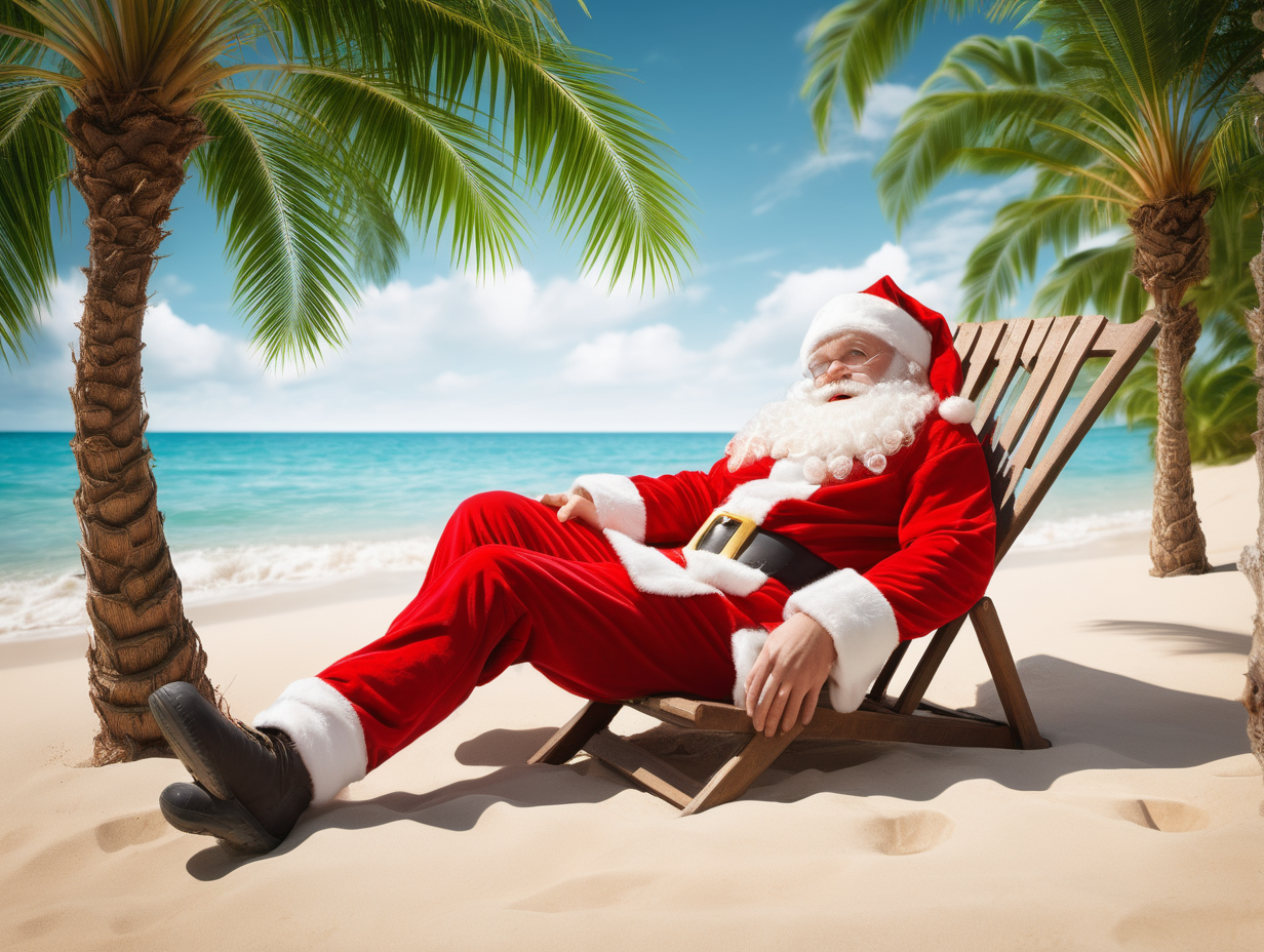 Santa Claus is resting under palm trees