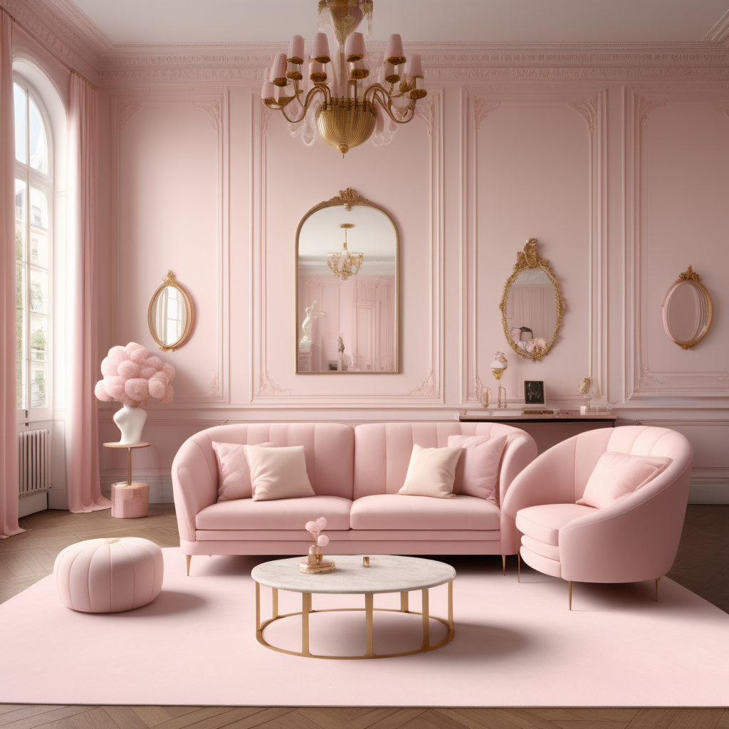 hyperrealistic image of modern Parisian Barbiecore Living Room in soft ballerina pink, brass and ivory