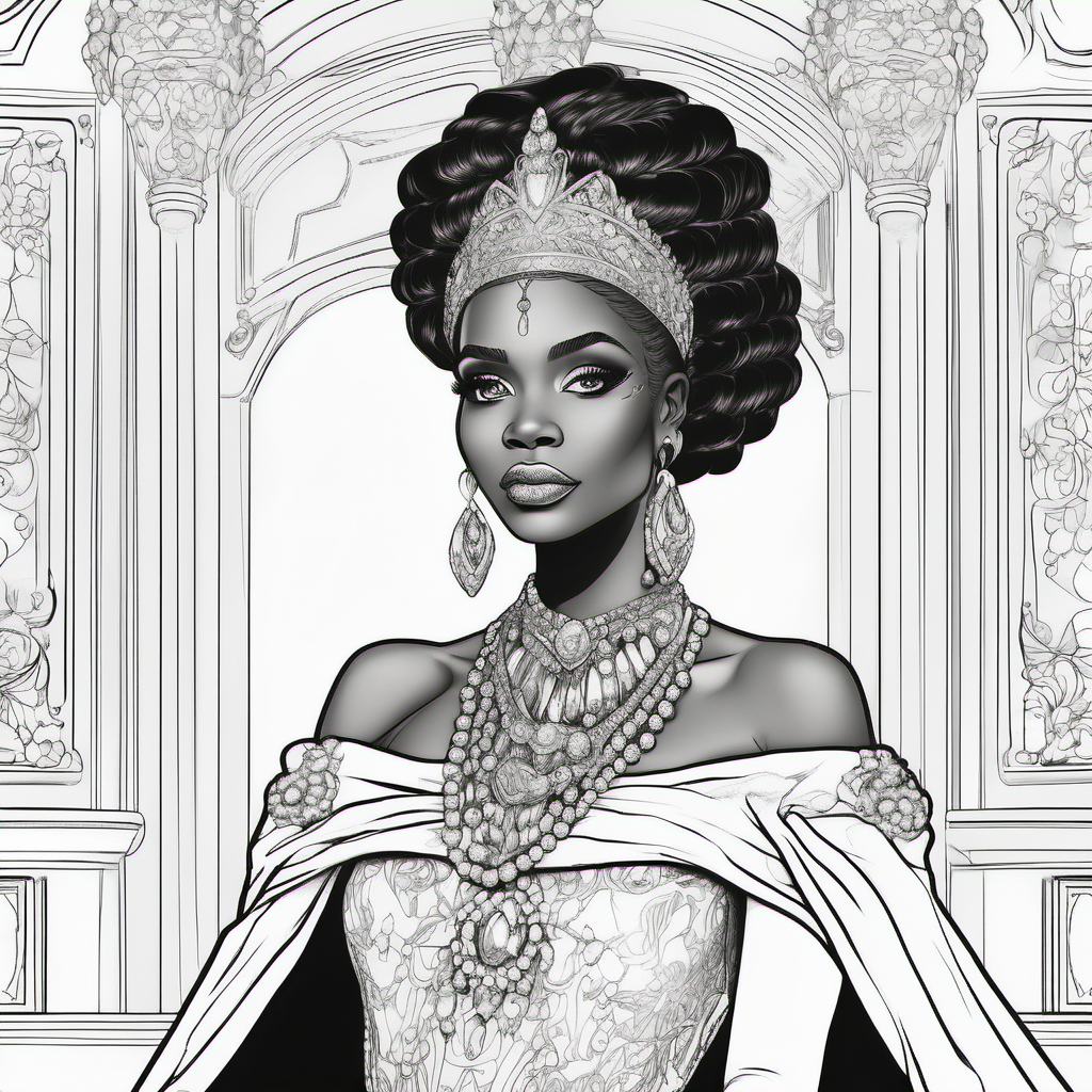 black and white, coloring page, African American princess in royal attire and extravagant jewellery in grand ballroom