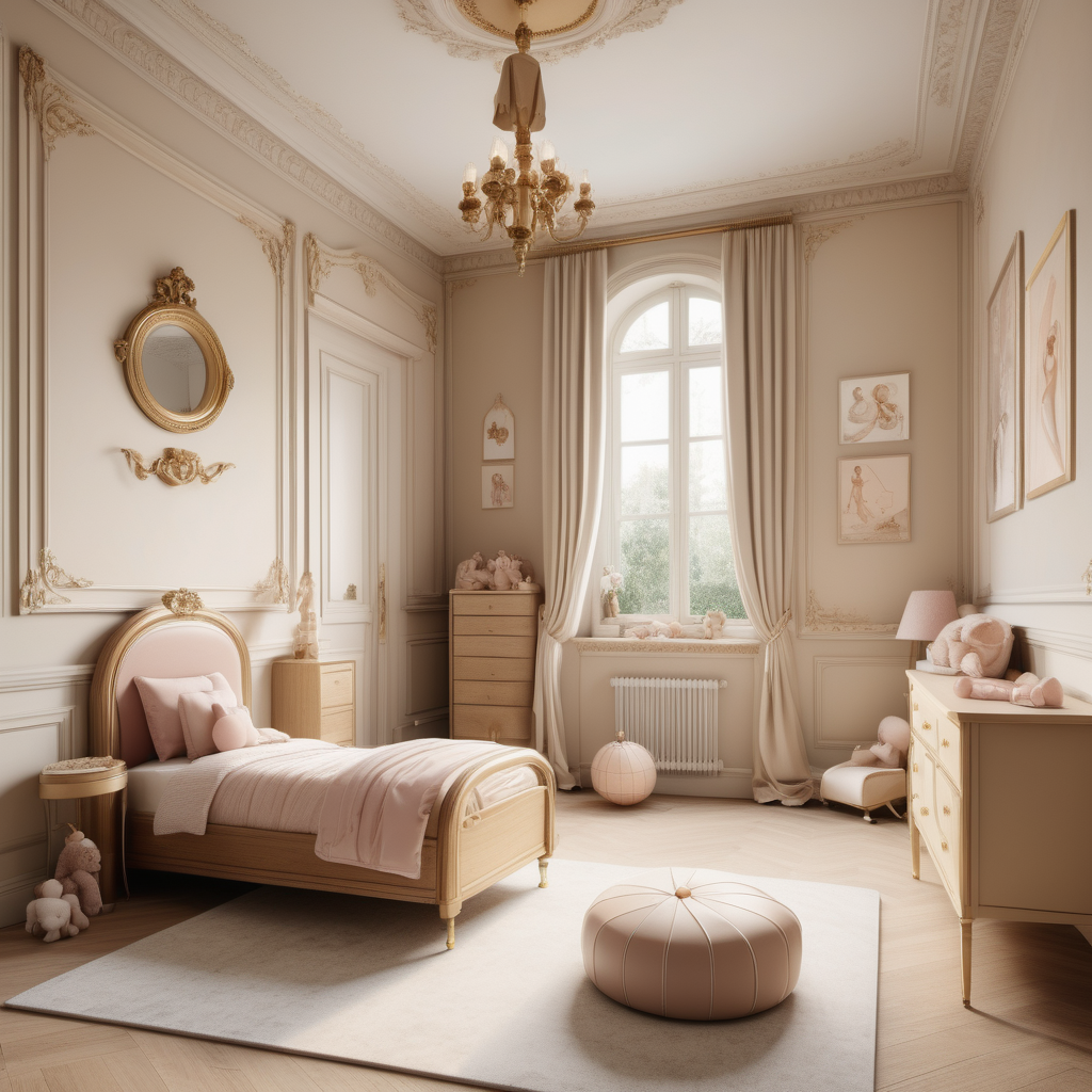 a hyperrealistic image of a grand modern estate home ballet inspired childrens room; A combination of Parisian and Jerusalem-inspired design styles; Beige, oak, brass colour palette; 
