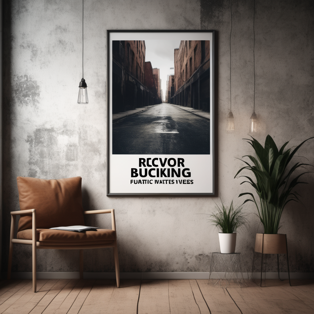 image mock up featuring a poster. indoor setting. Grunge urban vibes. 